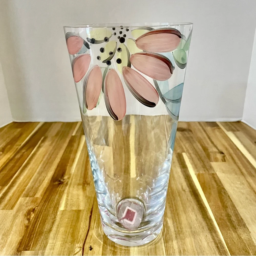 Bohemia Glass Clear Glass Vase Hand Painted Flowers Czech Republic 9.75” Tall